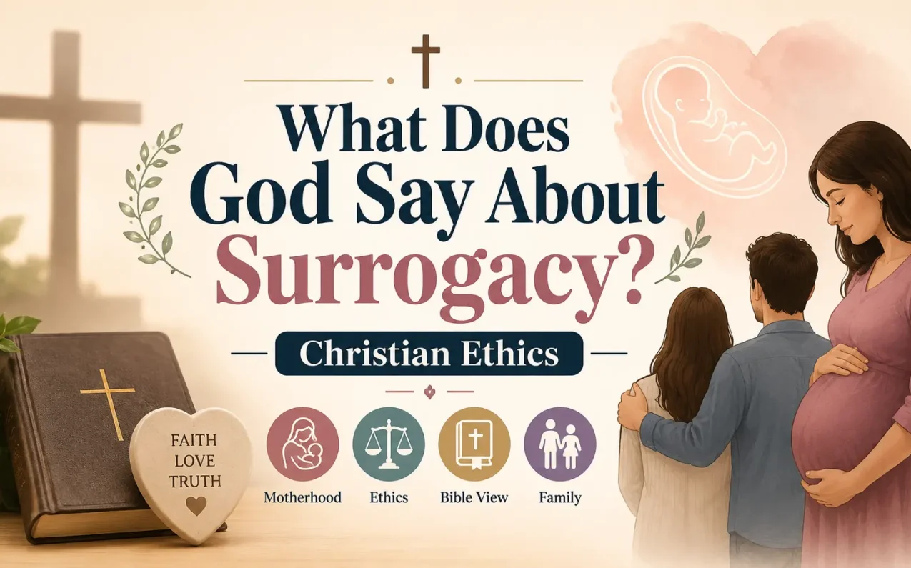 What Does God Say About Surrogacy? Christian Ethics concept image showing pregnancy, family, Bible, Christian faith symbols, surrogacy ethics, motherhood, and biblical views on surrogacy and family values.