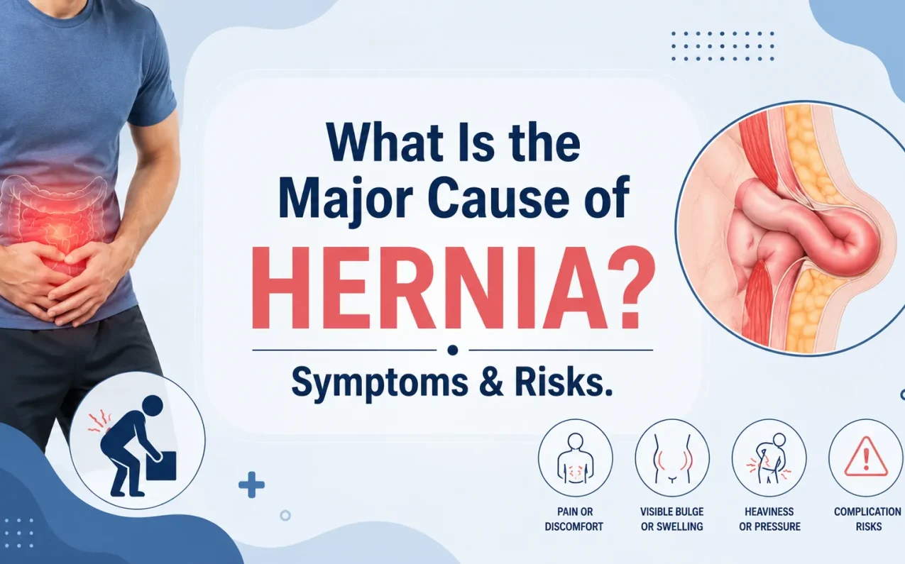 Illustration explaining the major causes of hernia, common symptoms, abdominal pain, swelling, and hernia risk factors.