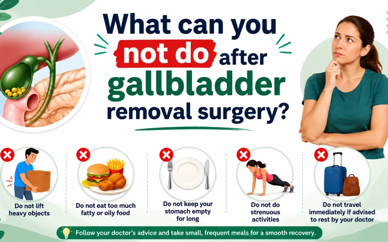 Illustration showing what not to do after gallbladder removal surgery including avoiding heavy lifting fatty foods long fasting and strenuous activity during recovery.