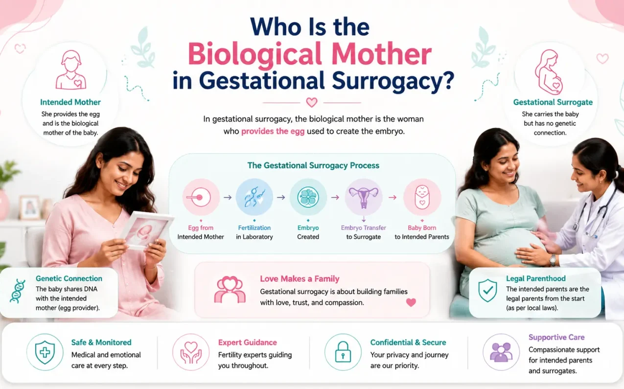 Infographic explaining who the biological mother is in gestational surrogacy, showing the roles of the intended mother, surrogate mother, IVF embryo creation, and legal parenthood process.