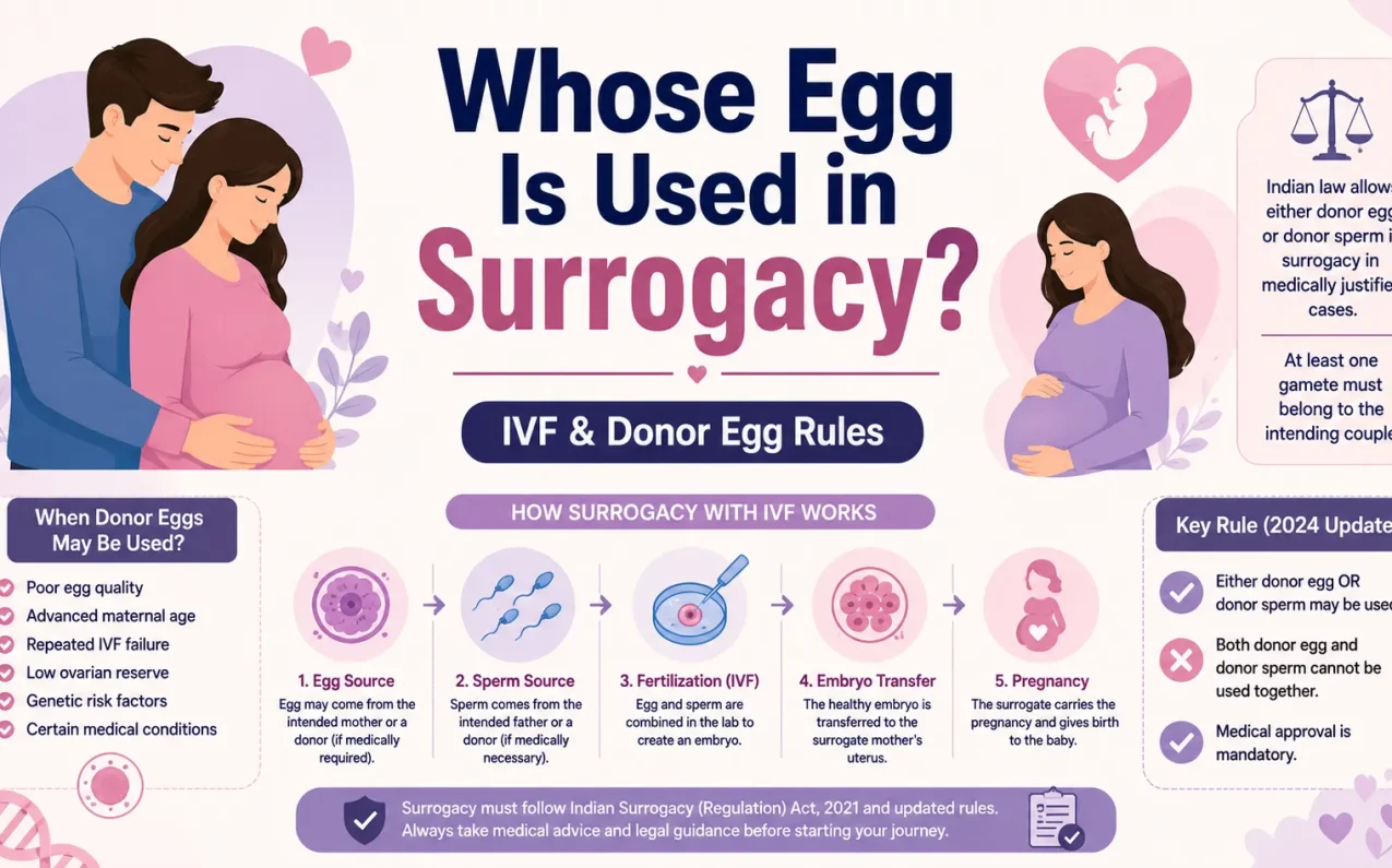 Infographic explaining whose egg is used in surrogacy, IVF process, donor egg rules, and Indian surrogacy regulations for intended parents.