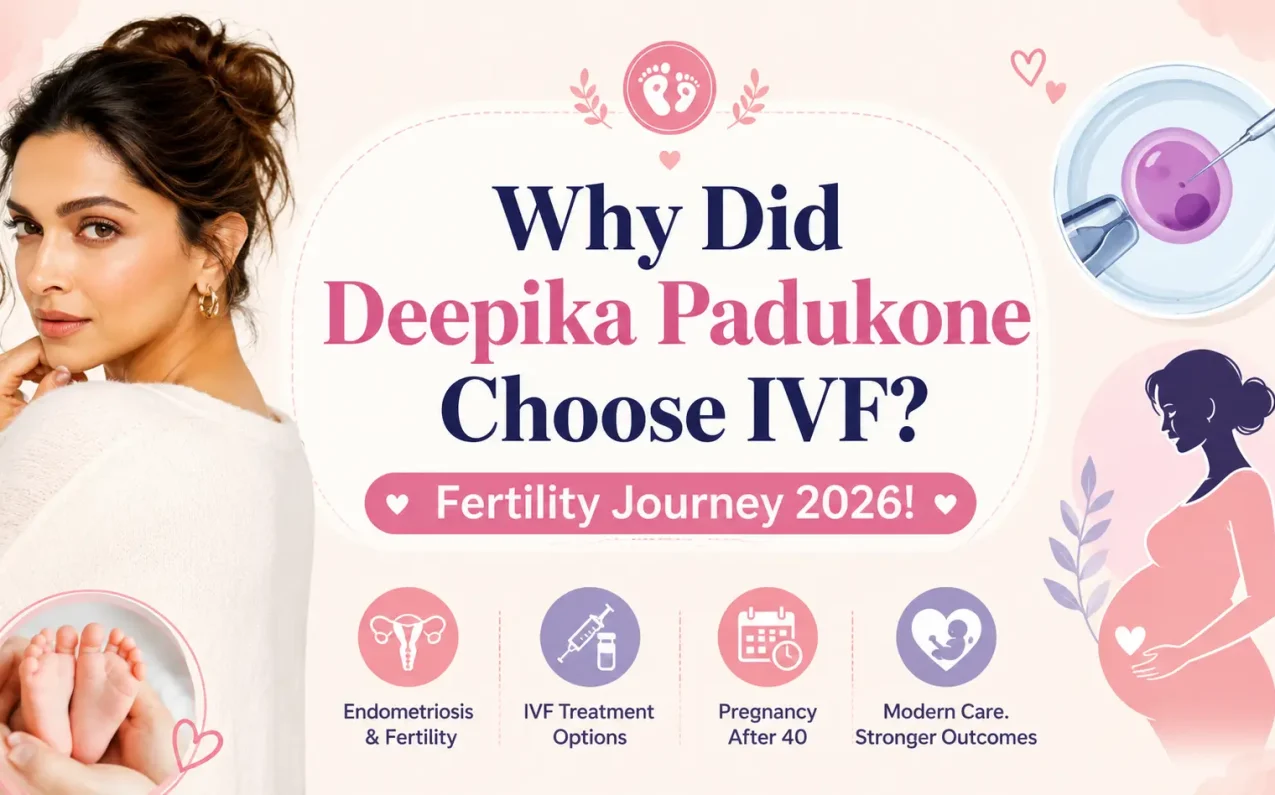 Why Did Deepika Padukone Choose IVF? Fertility Journey 2026! Illustration highlighting IVF treatment, endometriosis awareness, fertility challenges, pregnancy after 40, and modern reproductive healthcare options.