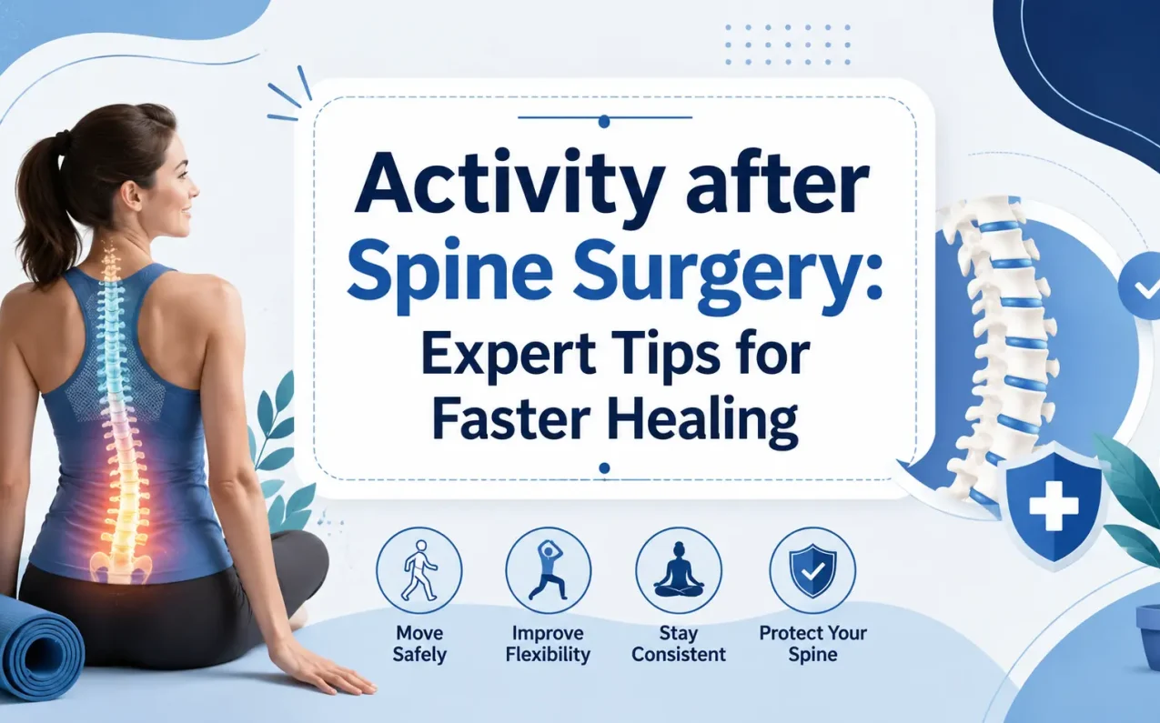 Activity after spine surgery infographic showing safe movement, recovery tips, and healing process for faster spine recovery.