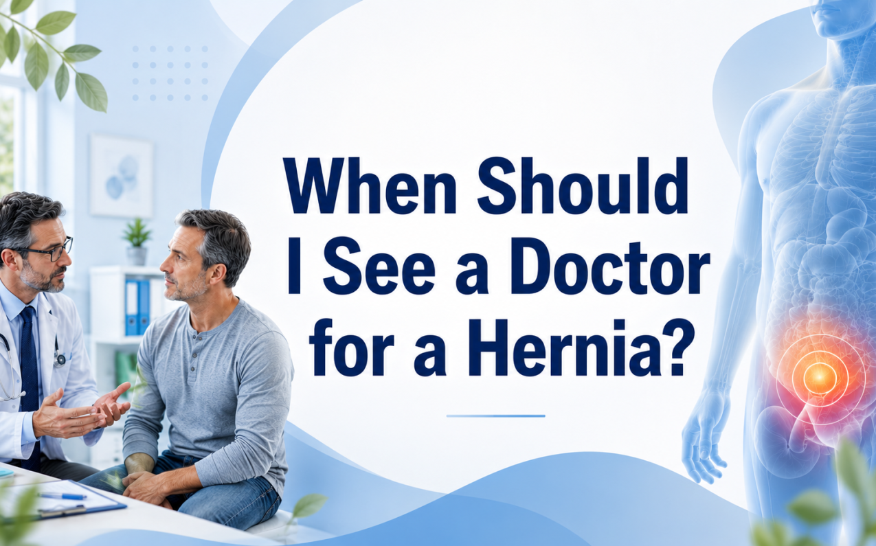 Doctor consulting a patient about hernia symptoms in a medical clinic, with an anatomical illustration highlighting the abdominal and groin area commonly affected by hernias.