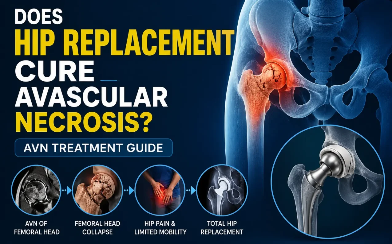Does hip replacement cure avascular necrosis? Illustration showing AVN of the hip and total hip replacement surgery for advanced femoral head collapse.