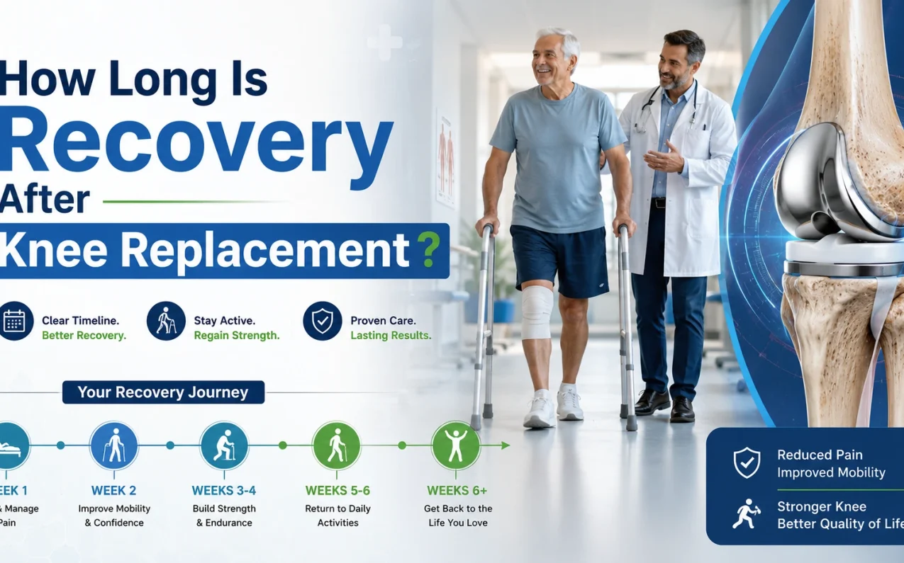 Elderly patient recovering after knee replacement surgery with orthopedic doctor and knee implant recovery timeline illustration