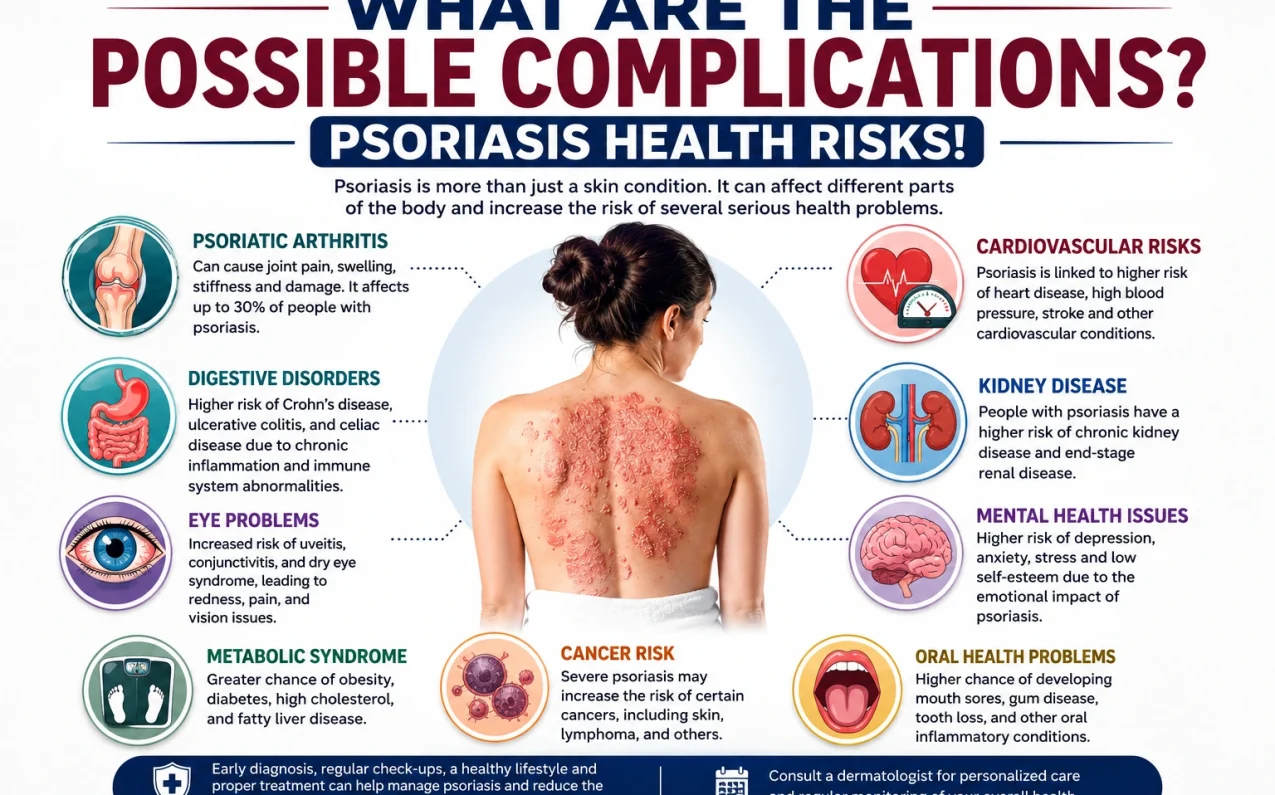 Possible complications of psoriasis including psoriatic arthritis, digestive disorders, eye problems, mental health issues, kidney disease, and inflammation-related health risks.
