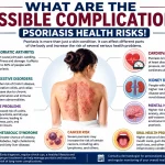 Possible complications of psoriasis including psoriatic arthritis, digestive disorders, eye problems, mental health issues, kidney disease, and inflammation-related health risks.