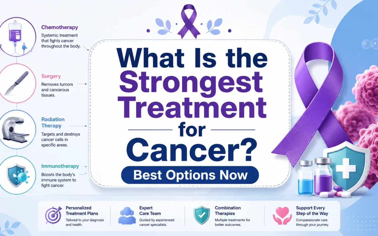 What Is the Strongest Treatment for Cancer? Best Options Now infographic showing chemotherapy, surgery, radiation therapy, and immunotherapy as major cancer treatment options with personalized treatment planning and expert cancer care guidance.