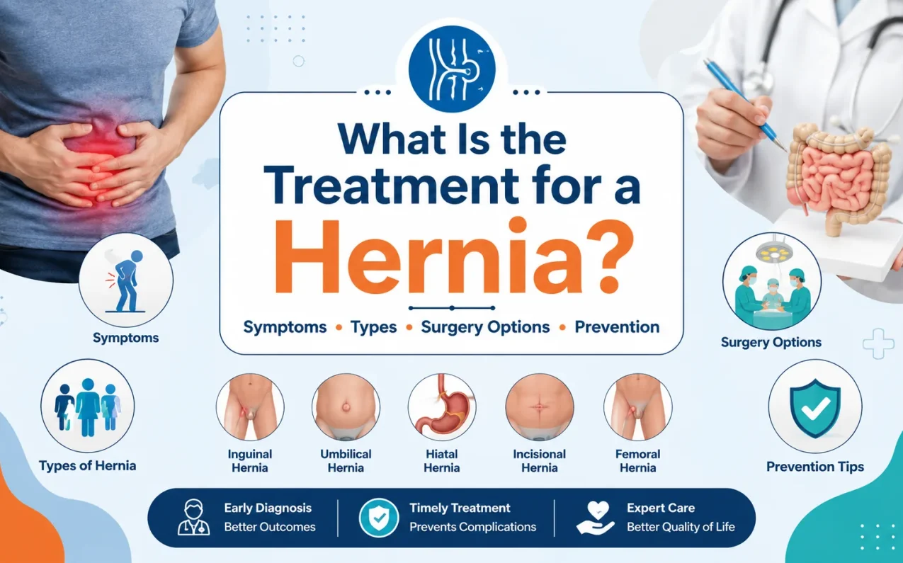 Medical infographic showing hernia symptoms, treatment options, surgery methods, and prevention tips for patients.