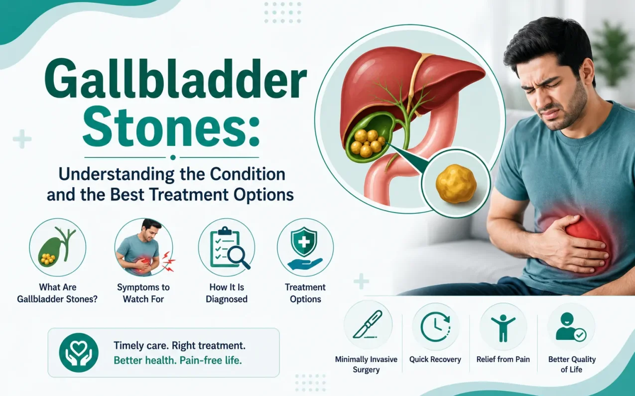 Illustration showing the best treatment options for gallbladder stones, including laparoscopic and robotic gallbladder surgery for safe and effective stone removal