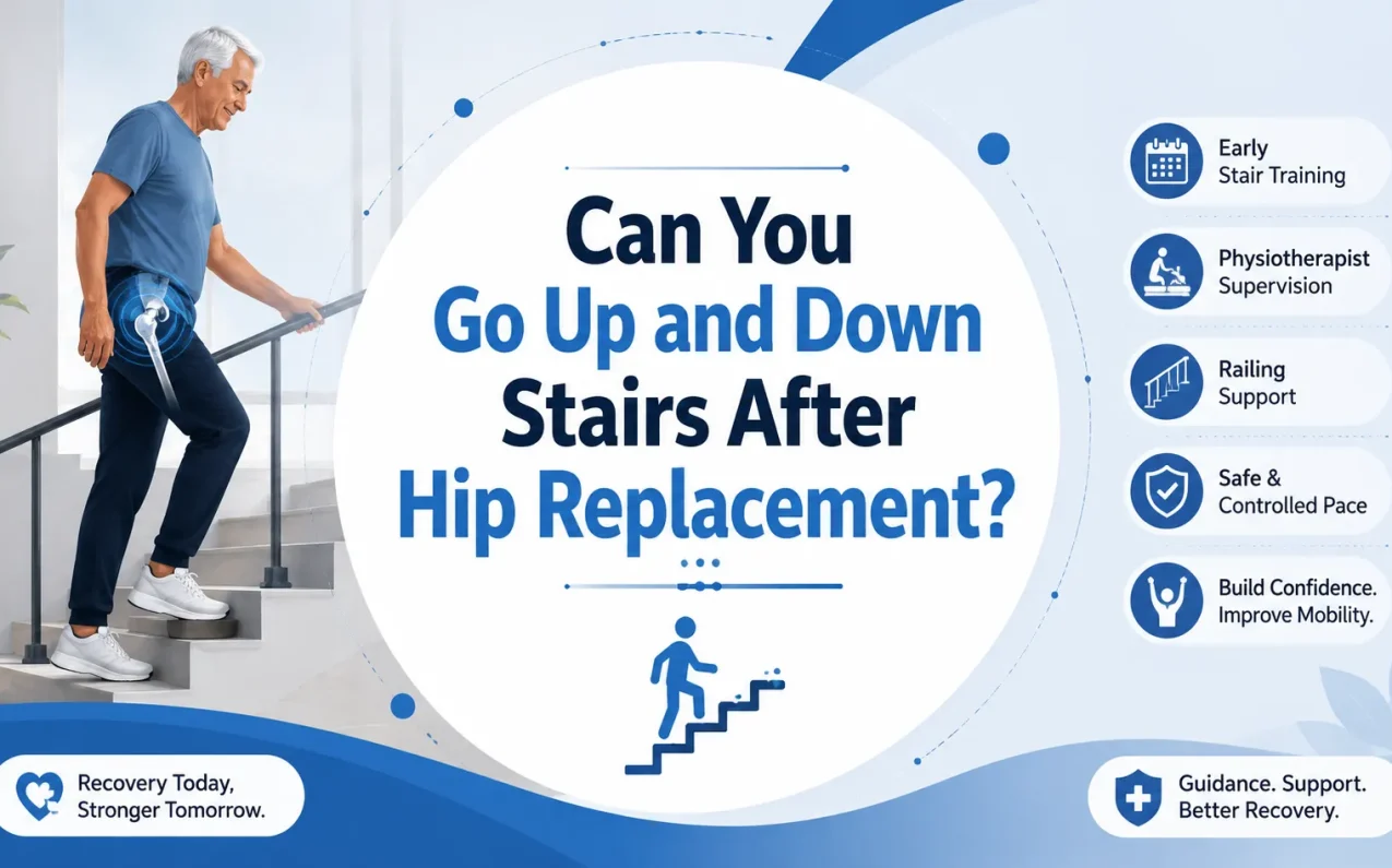Patient safely climbing stairs with railing support after hip replacement surgery under physiotherapist guidance during early recovery.