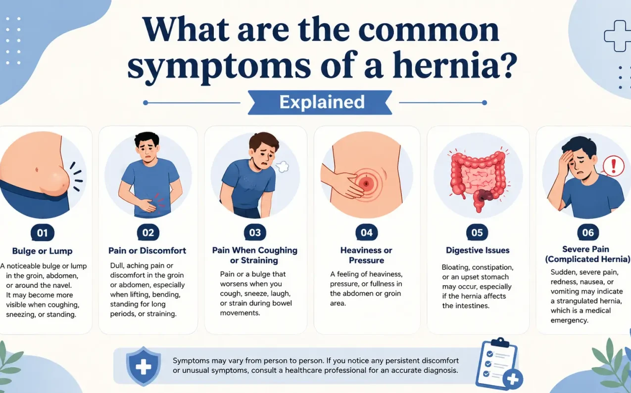 Medical infographic explaining the common symptoms of a hernia, including bulge or lump, abdominal pain, pain when coughing or straining, heaviness or pressure, digestive issues, and severe pain caused by a complicated hernia.