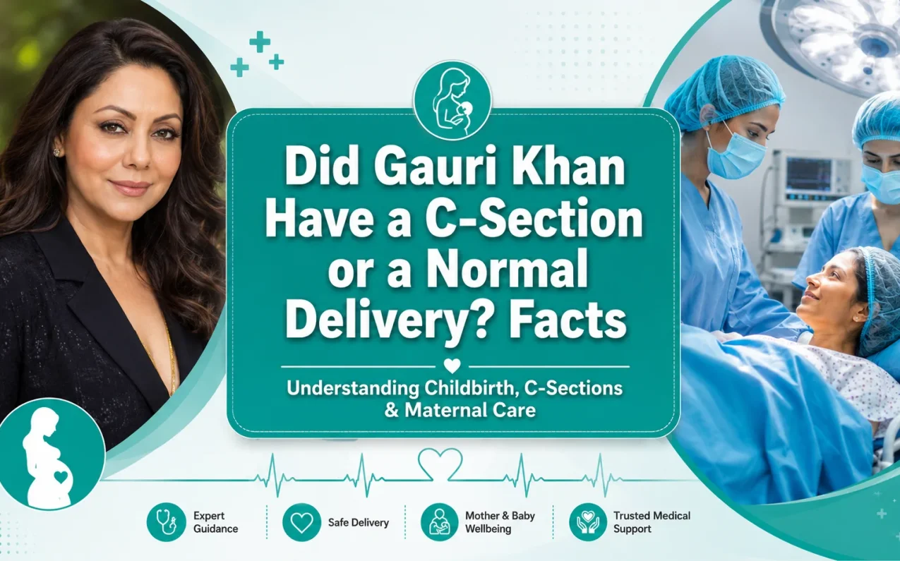 Did Gauri Khan have a C-section or a normal delivery? Facts. Illustration showing pregnancy, childbirth, cesarean section delivery, maternal health, and the reported birth experience of Gauri Khan.