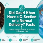 Did Gauri Khan have a C-section or a normal delivery? Facts. Illustration showing pregnancy, childbirth, cesarean section delivery, maternal health, and the reported birth experience of Gauri Khan.