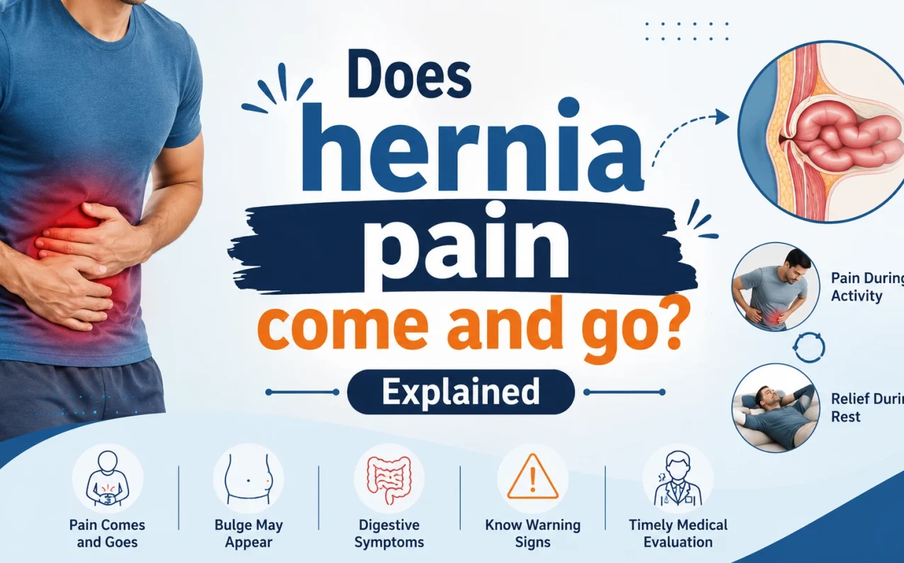 Medical illustration explaining hernia pain that comes and goes, showing abdominal discomfort, hernia bulge symptoms, pain triggers during activity, symptom relief during rest, digestive symptoms, and warning signs requiring medical evaluation.