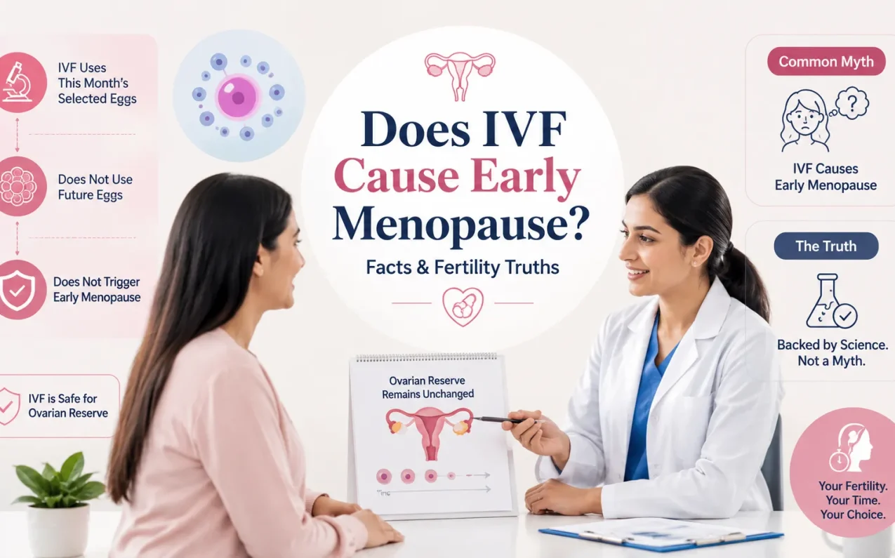 Doctor explaining how IVF treatment and egg retrieval do not cause early menopause while discussing ovarian reserve and fertility health with a female patient.