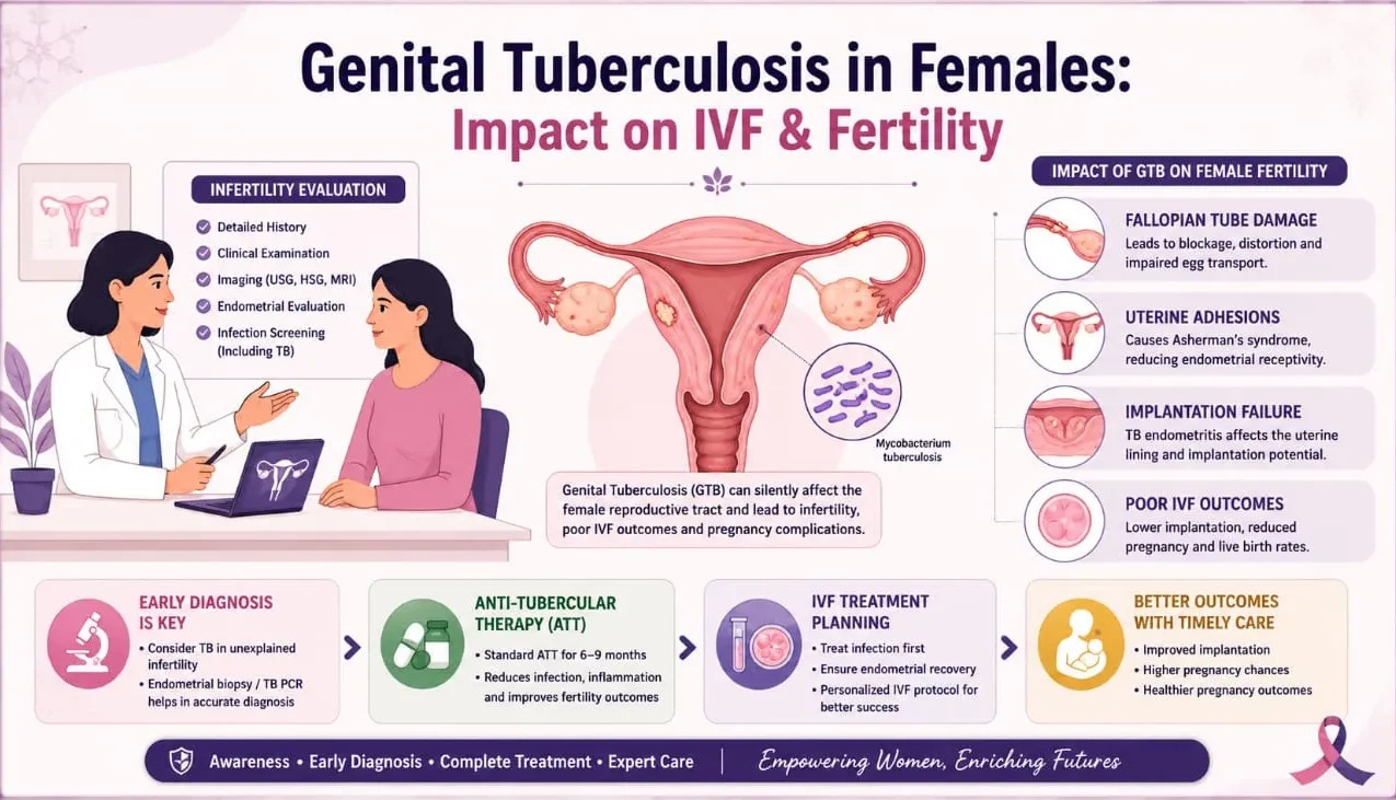Female fertility specialist explaining genital tuberculosis diagnosis and its impact on infertility, fallopian tubes, uterine health, and IVF success during a fertility consultation.