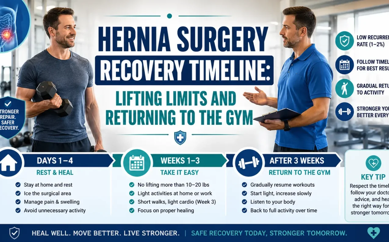 Hernia surgery recovery timeline showing safe lifting limits and gradual return to gym workouts after hernia repair.