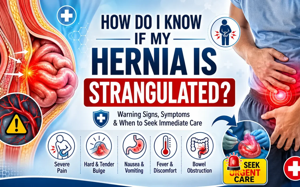 How to identify a strangulated hernia with symptoms including severe pain, swelling, and compromised blood supply.