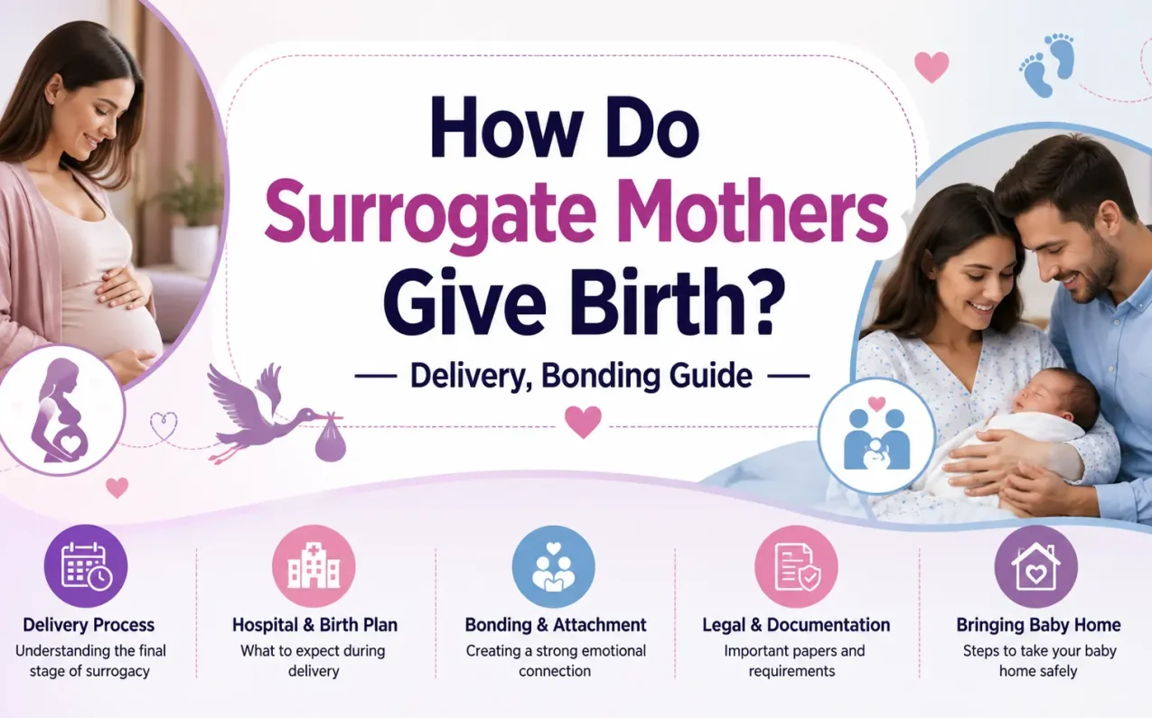 How Do Surrogate Mothers Give Birth? Delivery, Bonding Guide showing intended parents meeting their newborn baby after surrogacy delivery in a hospital with emotional bonding and family connection