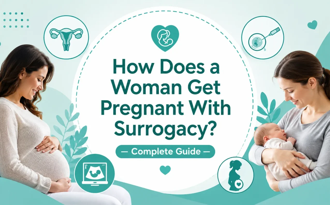 How Does a Woman Get Pregnant With Surrogacy? Complete Guide infographic showing IVF embryo creation, surrogate screening, embryo transfer, pregnancy confirmation, prenatal care, and the surrogacy pregnancy journey.
