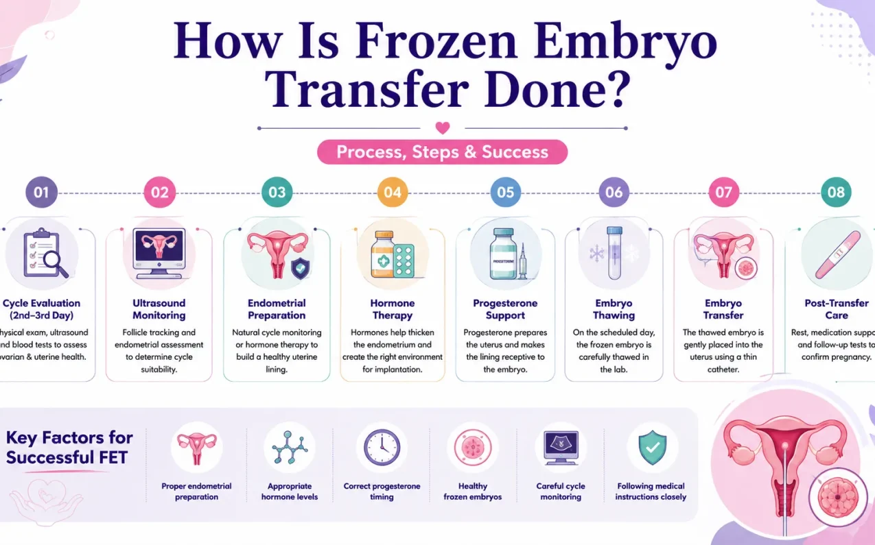 Illustration of the frozen embryo transfer process showing embryo thawing, endometrial preparation, progesterone support, and embryo transfer during an IVF treatment cycle.