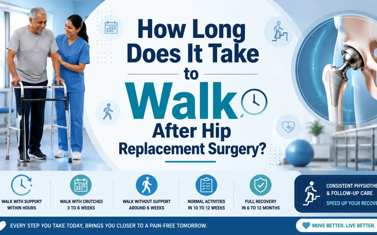 How long does it take to walk after hip replacement surgery showing patient walking with physiotherapist during recovery