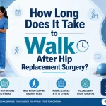 How long does it take to walk after hip replacement surgery showing patient walking with physiotherapist during recovery