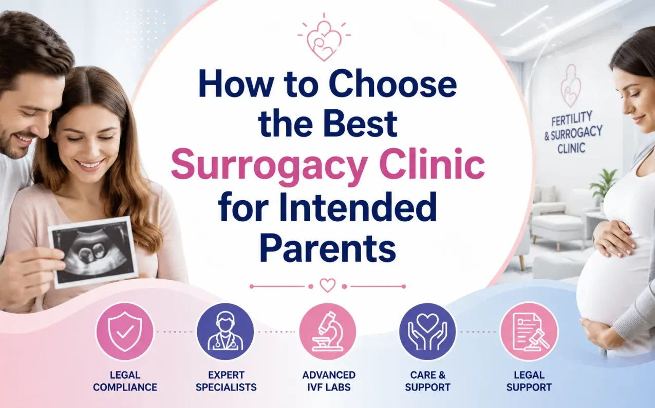 How to Choose the Best Surrogacy Clinic for Intended Parents – Surrogacy consultation and IVF guidance banner showing couple with ultrasound and pregnancy care concept in modern medical clinic setting