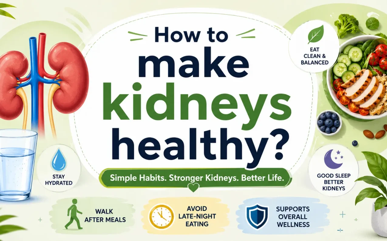 How to make kidneys healthy? Infographic showing healthy kidneys, hydration, balanced nutrition, walking after meals, avoiding sugary drinks, and lifestyle habits that support long-term kidney health.