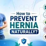 Illustration showing how to prevent hernia naturally through healthy weight management, regular exercise, fiber-rich foods, quitting smoking, and proper lifting techniques to strengthen abdominal muscles and reduce hernia risk.