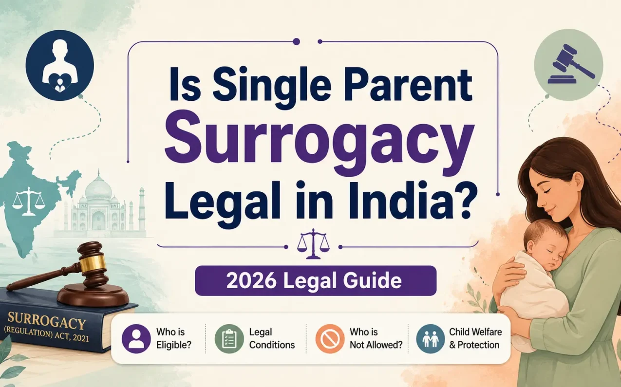 Is Single Parent Surrogacy Legal in India? 2026 Legal Guide – Illustration explaining the eligibility rules, legal restrictions, and conditions for single parent surrogacy under India's Surrogacy (Regulation) Act, 2021.