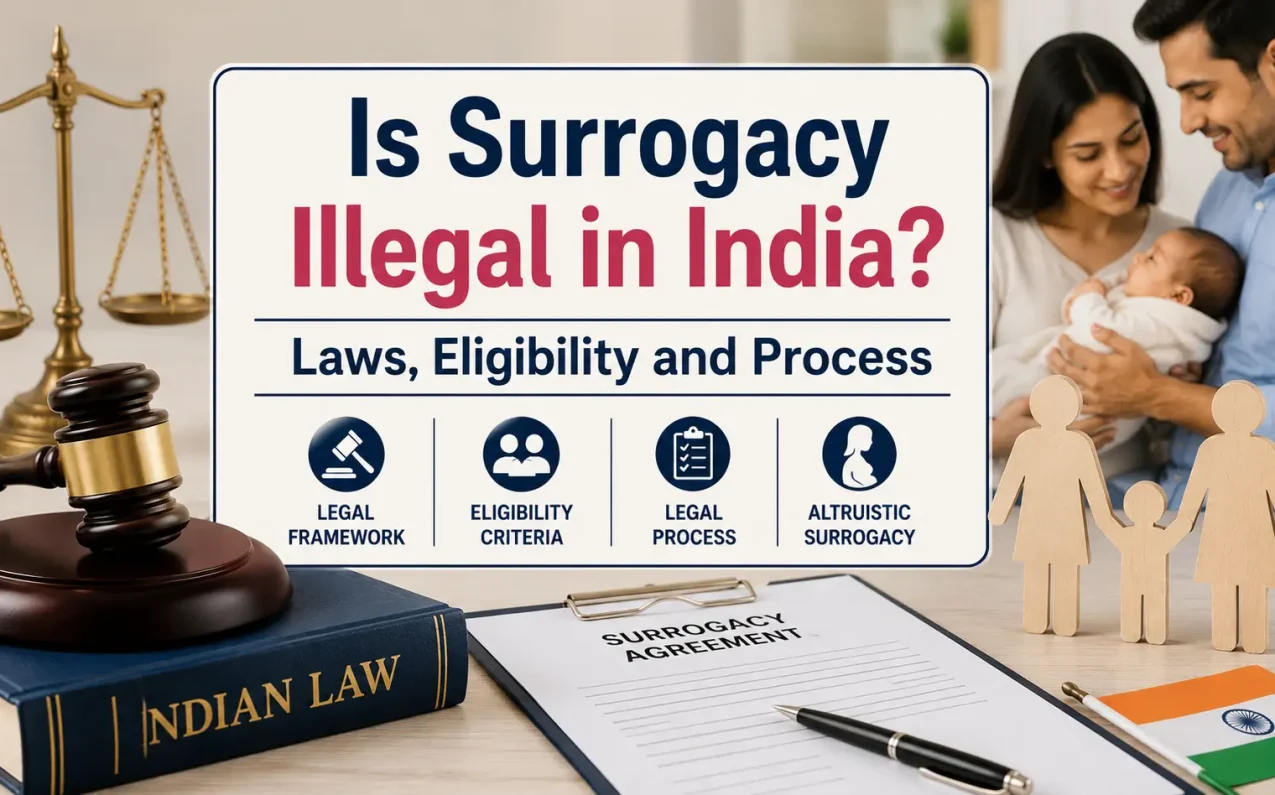 Is Surrogacy Illegal in India? Laws, Eligibility and Process - illustration showing Indian surrogacy laws, legal eligibility criteria, altruistic surrogacy regulations, and the legal process for intended parents in India.