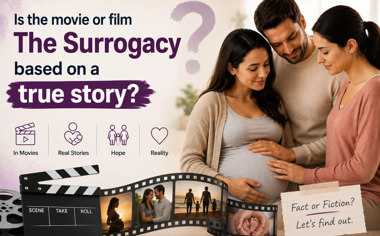 Is the movie or film The Surrogacy based on a true story? Featured image showing intended parents, a surrogate mother, and cinematic elements representing surrogacy, infertility, fertility treatment, and the journey to parenthood.