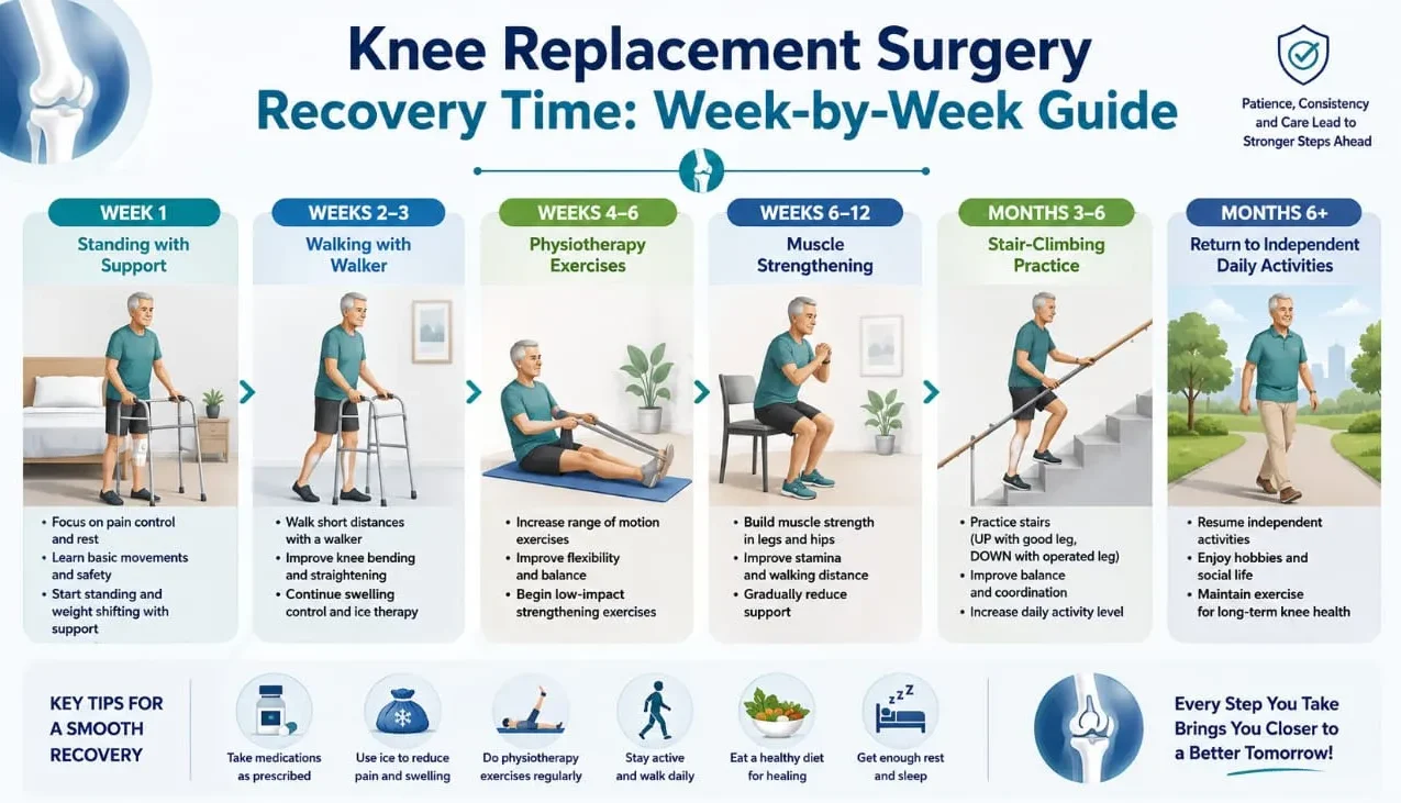 Patient recovering after knee replacement surgery with walker under physiotherapy guidance, showing the week-by-week recovery timeline from walking support to independent mobility