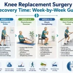 Patient recovering after knee replacement surgery with walker under physiotherapy guidance, showing the week-by-week recovery timeline from walking support to independent mobility