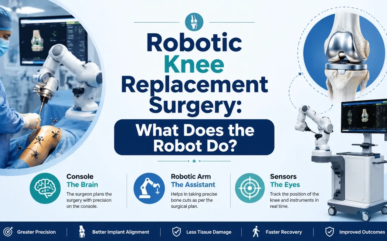 Robotic knee replacement surgery showing a surgeon using a robotic arm, sensors, and advanced planning technology to perform precise implant positioning and bone cuts.
