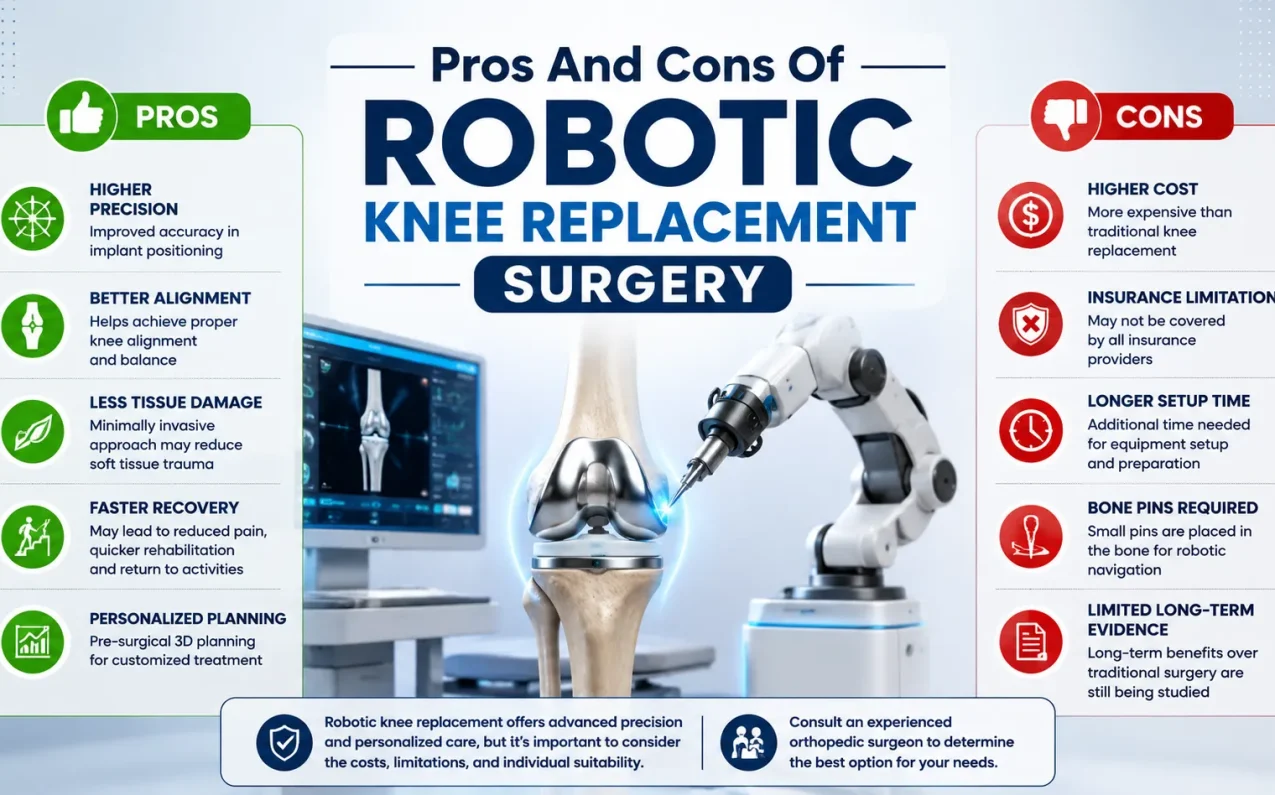 Orthopedic surgeon performing robotic knee replacement surgery with robotic-assisted technology, highlighting implant positioning, surgical precision, benefits, risks, and recovery outcomes.