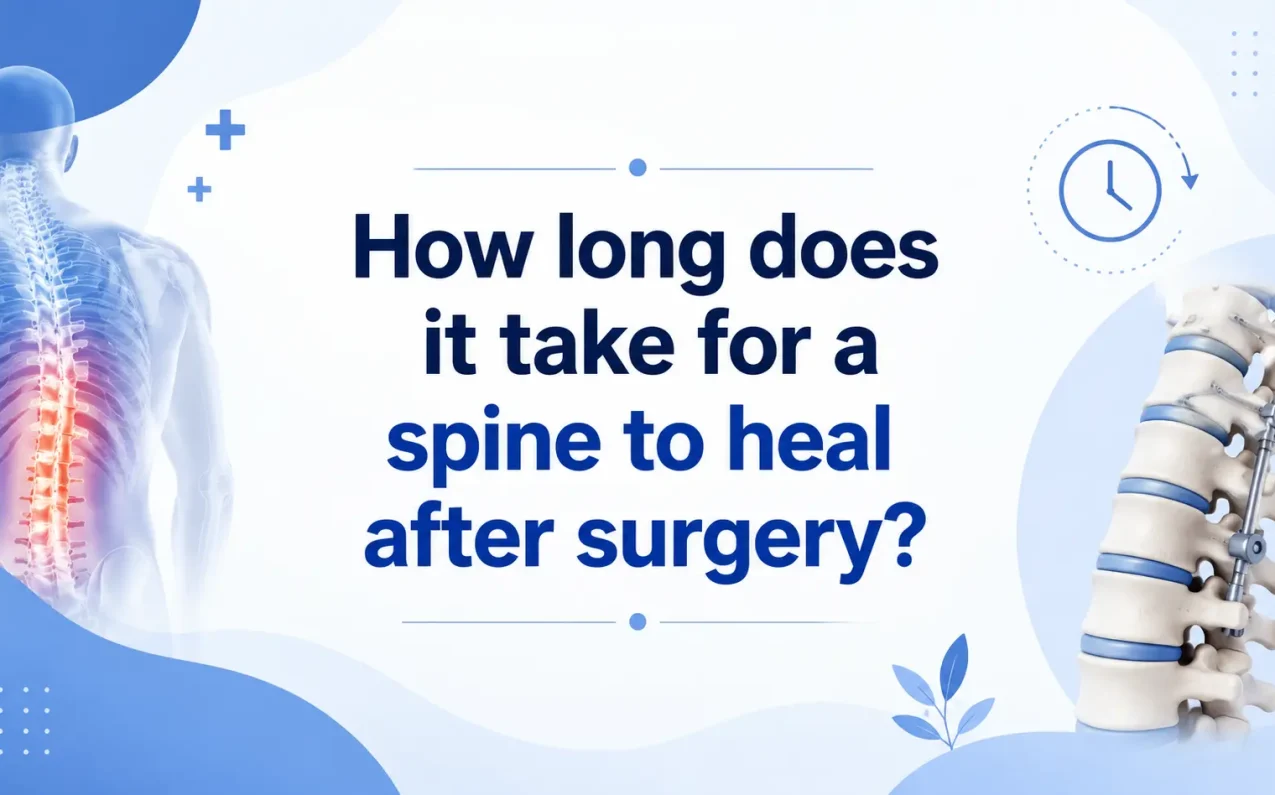 Doctor explaining spine surgery recovery timeline with spine illustration and healing stages infographic.