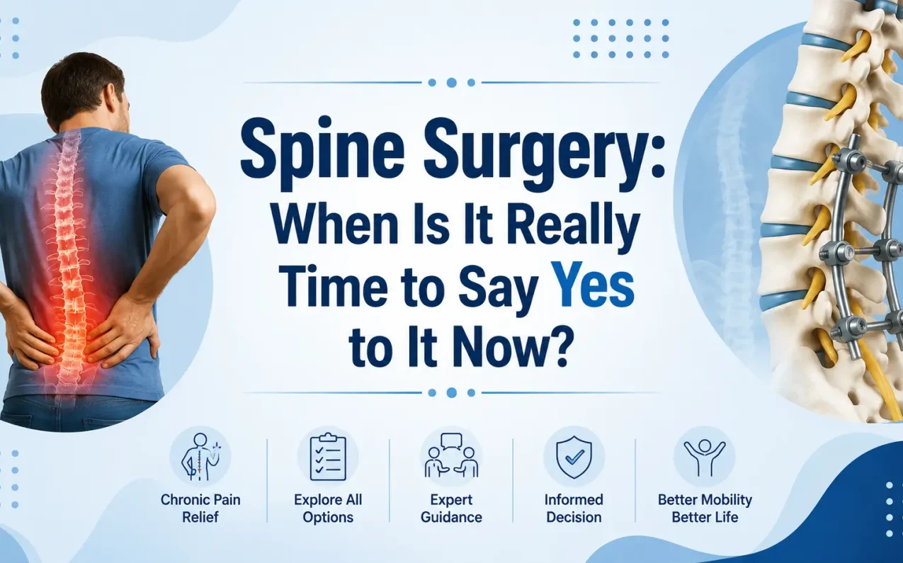 Spine Surgery: When Is It Really Time to Say Yes to It Now? Featured image showing a patient with chronic back pain, spinal surgery illustration, spine stabilization procedure, and expert treatment guidance for informed spine surgery decisions and recovery.