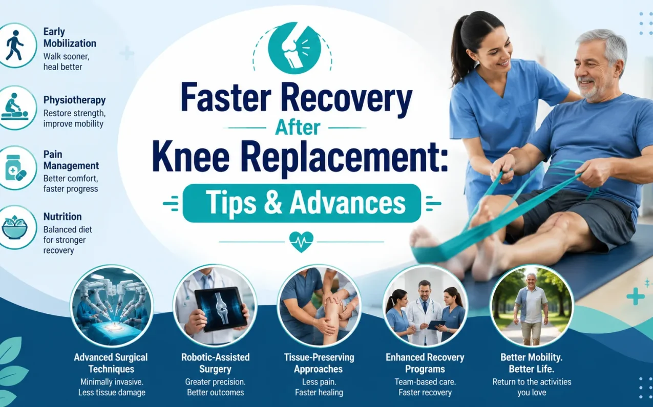 Patient performing physiotherapy exercises after knee replacement surgery to improve mobility, strengthen muscles, reduce pain, and support faster recovery through rehabilitation and modern treatment approaches.