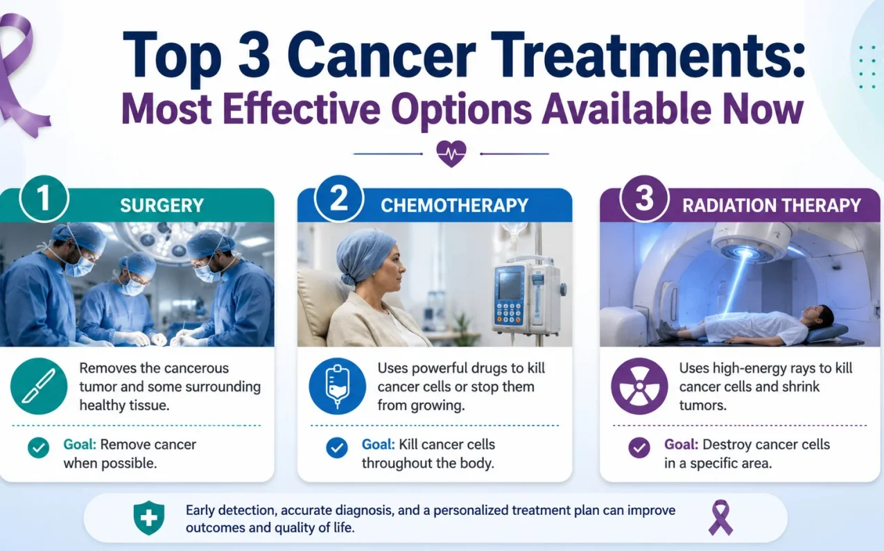 Top 3 Cancer Treatments: Most Effective Options Available Now featured infographic illustrating surgery, chemotherapy, and radiation therapy as the most effective cancer treatment options available today.