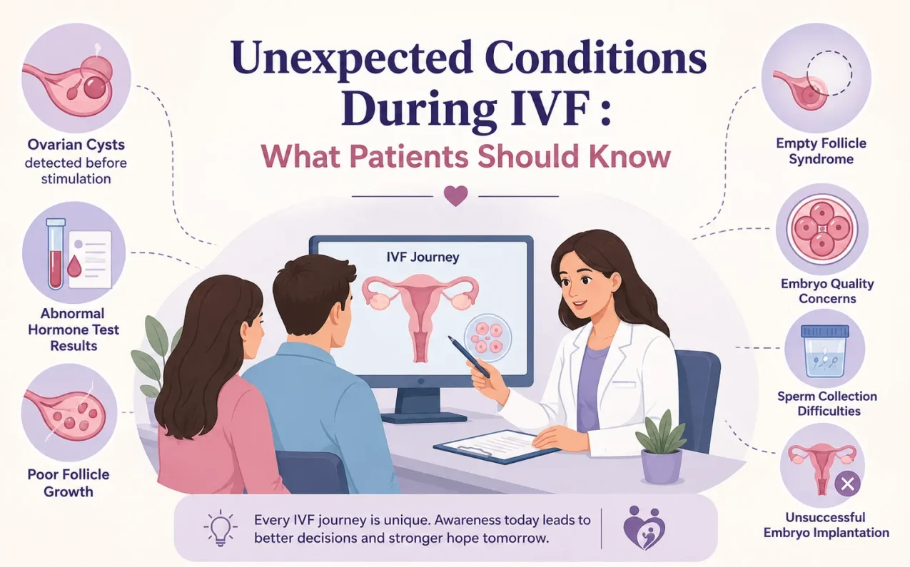 Couple consulting a fertility specialist about unexpected conditions during IVF treatment including ovarian cysts, egg retrieval challenges, embryo development issues, and IVF cycle cancellation.