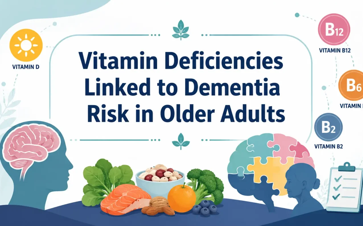 Vitamin Deficiencies Linked to Dementia Risk in Older Adults infographic showing brain health, vitamin D and B vitamins, healthy foods, and nutrition factors associated with cognitive decline and dementia risk.