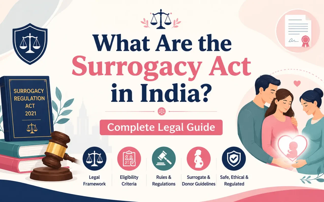 What Are the Surrogacy Act in India? Complete Legal Guide showing surrogacy laws in India, intended parents, surrogate mother, ART Regulation Act 2021, Surrogacy Regulation Act 2021, eligibility criteria, legal requirements, and ethical surrogacy framework.