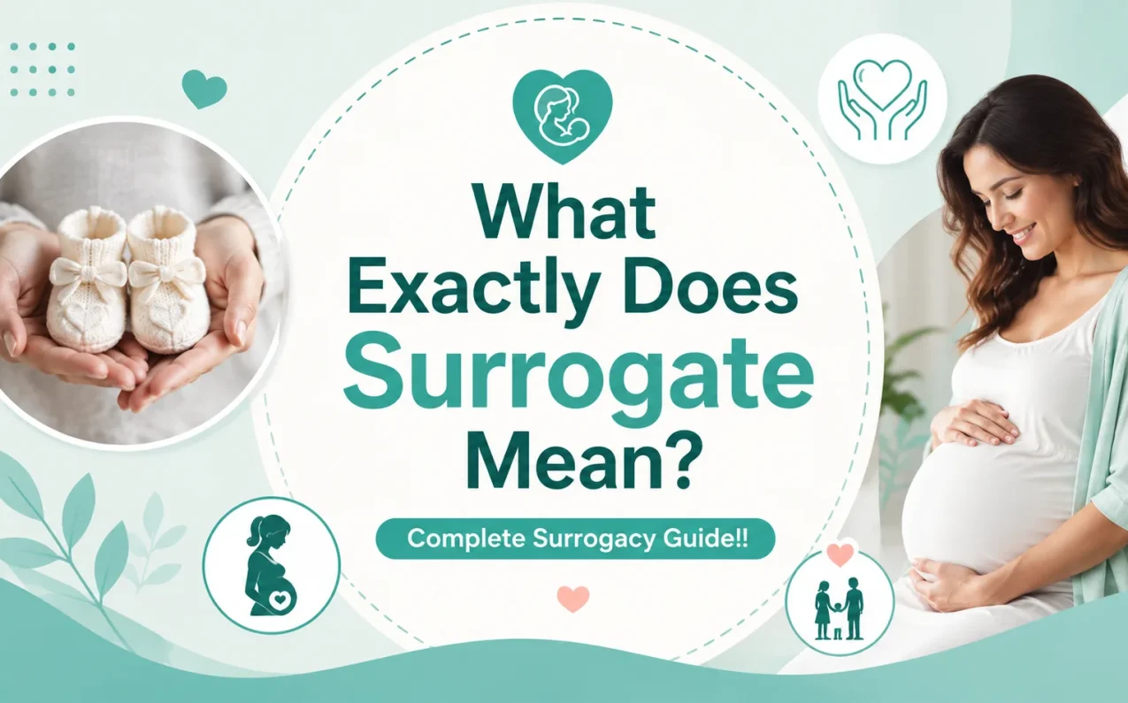 What Exactly Does Surrogate Mean? Complete Surrogacy Guide!! illustration showing a surrogate mother, intended parents, pregnancy journey, and surrogacy process explained with fertility and parenthood concepts