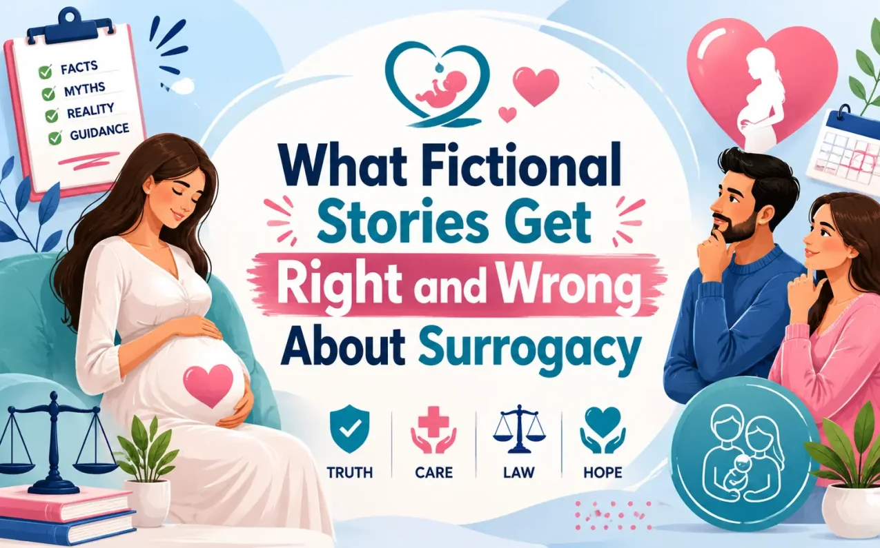 What Fictional Stories Get Right and Wrong About Surrogacy infographic showing the differences between fictional surrogacy portrayals and real surrogacy, including intended parents, a surrogate mother, legal protection, medical guidance, and family-building support.