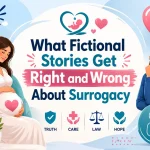 What Fictional Stories Get Right and Wrong About Surrogacy infographic showing the differences between fictional surrogacy portrayals and real surrogacy, including intended parents, a surrogate mother, legal protection, medical guidance, and family-building support.
