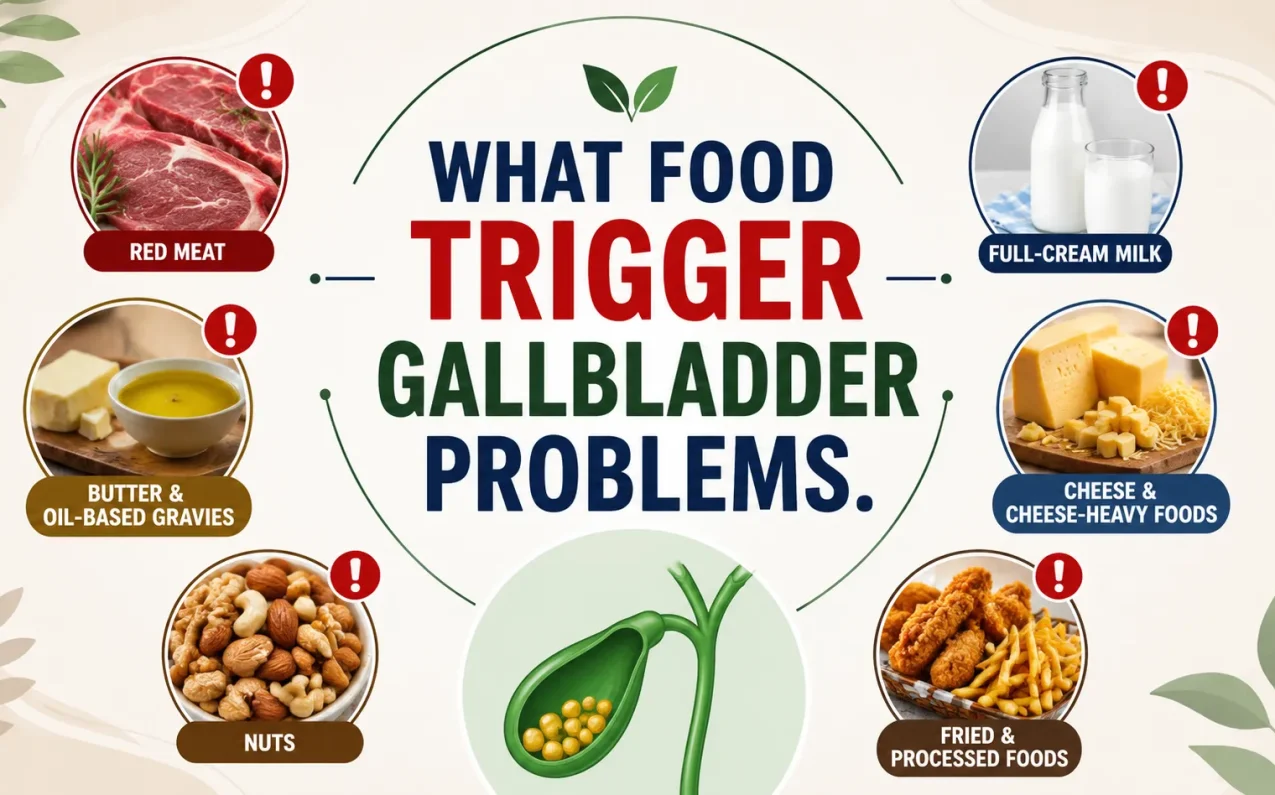 Infographic showing foods that trigger gallbladder problems including red meat cheese full-cream milk nuts and fried foods